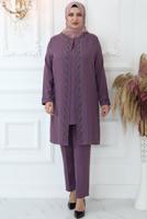 Tesettür giyim MOR TAŞ İŞLEMELİ BELİ LASTİKLİ PANTOLONLU TAKIM T 3521