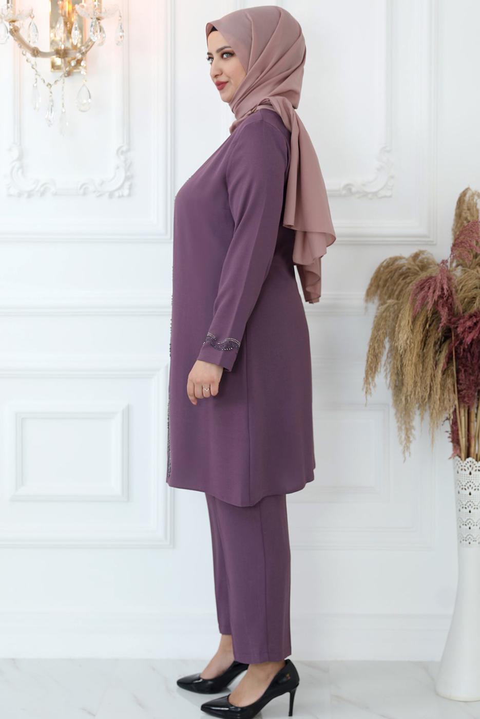 Tesettür giyim MOR TAŞ İŞLEMELİ BELİ LASTİKLİ PANTOLONLU TAKIM T 3521