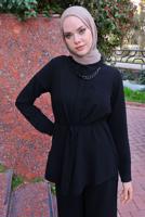 Vêtements hijab NOIR DÉTAIL CHAÎNE COL CHEMISE COSTUME 2 PIÈCES PANTALON T 3547