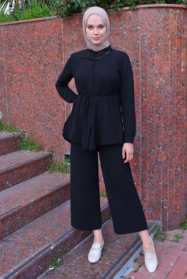 Vêtements hijab  CHAIN DETAIL SHIRT COLLAR 2-PIECE PANTS SUIT T 3547 - TRENDTESETTÜR