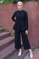 Vêtements hijab NOIR DÉTAIL CHAÎNE COL CHEMISE COSTUME 2 PIÈCES PANTALON T 3547