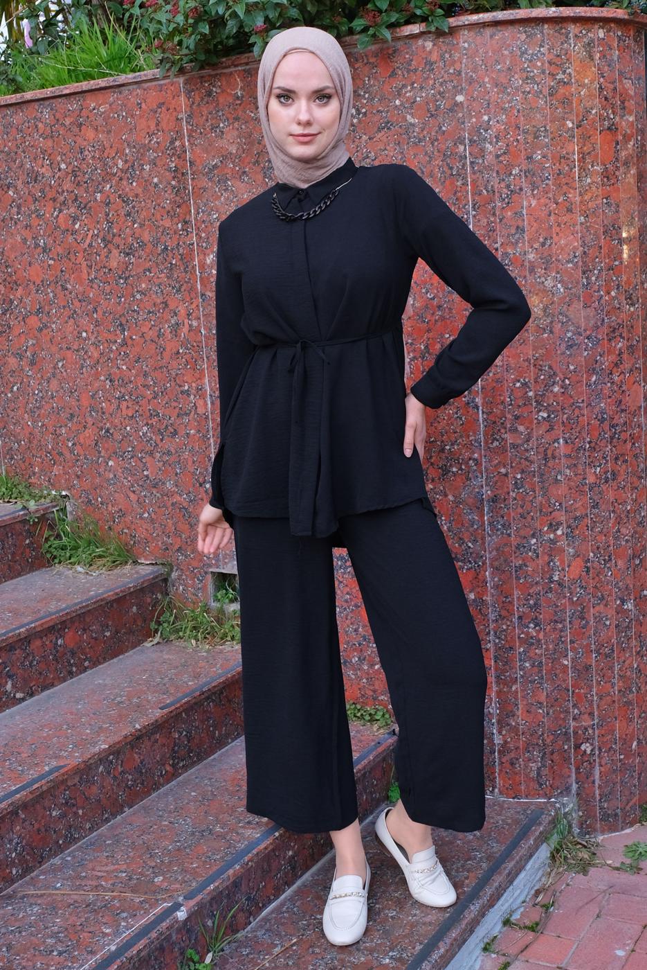 Vêtements hijab NOIR DÉTAIL CHAÎNE COL CHEMISE COSTUME 2 PIÈCES PANTALON T 3547