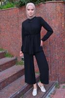 Vêtements hijab NOIR DÉTAIL CHAÎNE COL CHEMISE COSTUME 2 PIÈCES PANTALON T 3547
