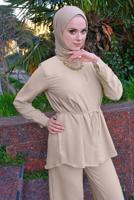 Vêtements hijab BEIGE DÉTAIL CHAÎNE COL CHEMISE COSTUME 2 PIÈCES PANTALON T 3547