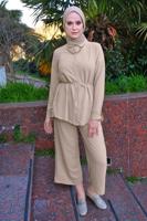 Vêtements hijab BEIGE DÉTAIL CHAÎNE COL CHEMISE COSTUME 2 PIÈCES PANTALON T 3547