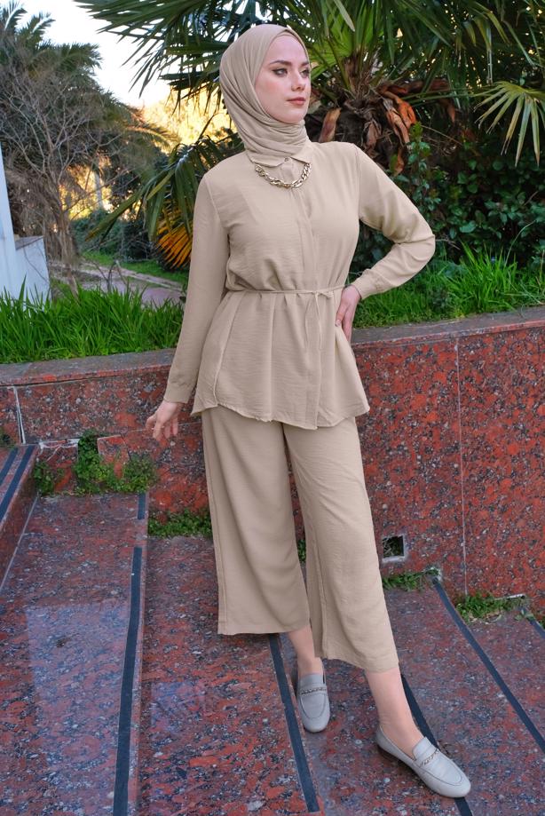Vêtements hijab  CHAIN DETAIL SHIRT COLLAR 2-PIECE PANTS SUIT T 3547 - TRENDTESETTÜR
