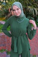 Vêtements hijab KAKI DÉTAIL CHAÎNE COL CHEMISE COSTUME 2 PIÈCES PANTALON T 3547