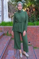 Vêtements hijab KAKI DÉTAIL CHAÎNE COL CHEMISE COSTUME 2 PIÈCES PANTALON T 3547