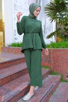 Vêtements hijab KAKI DÉTAIL CHAÎNE COL CHEMISE COSTUME 2 PIÈCES PANTALON T 3547