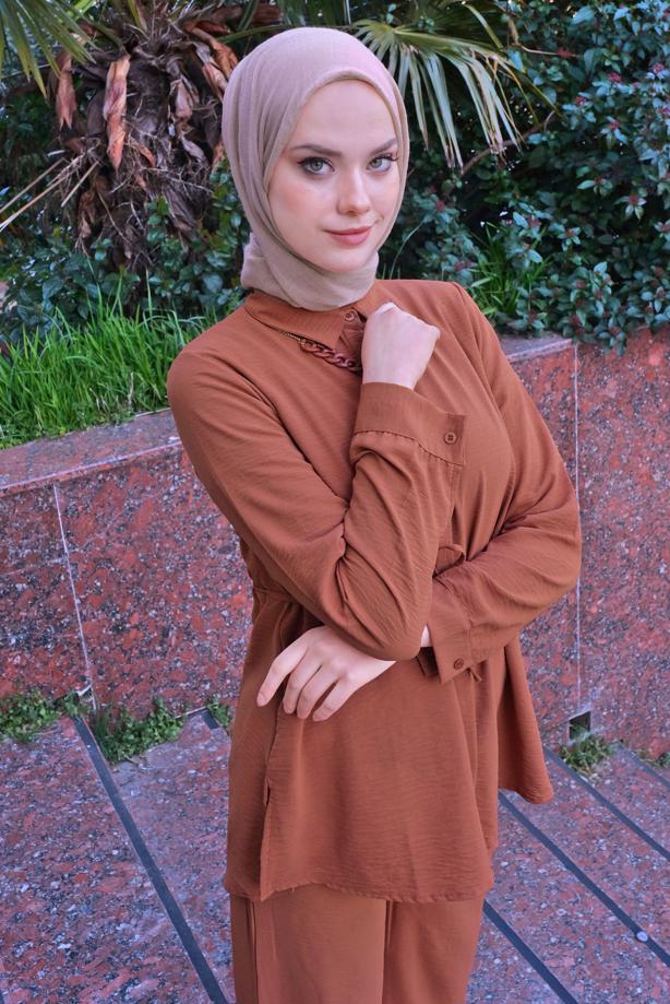 Vêtements hijab  CHAIN DETAIL SHIRT COLLAR 2-PIECE PANTS SUIT T 3547 - TRENDTESETTÜR
