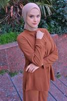 Vêtements hijab BRUN DÉTAIL CHAÎNE COL CHEMISE COSTUME 2 PIÈCES PANTALON T 3547