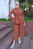 Vêtements hijab BRUN DÉTAIL CHAÎNE COL CHEMISE COSTUME 2 PIÈCES PANTALON T 3547
