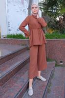 Vêtements hijab BRUN DÉTAIL CHAÎNE COL CHEMISE COSTUME 2 PIÈCES PANTALON T 3547