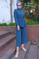 Vêtements hijab BLEU MARINE DÉTAIL CHAÎNE COL CHEMISE COSTUME 2 PIÈCES PANTALON T 3547