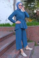 Vêtements hijab BLEU MARINE DÉTAIL CHAÎNE COL CHEMISE COSTUME 2 PIÈCES PANTALON T 3547