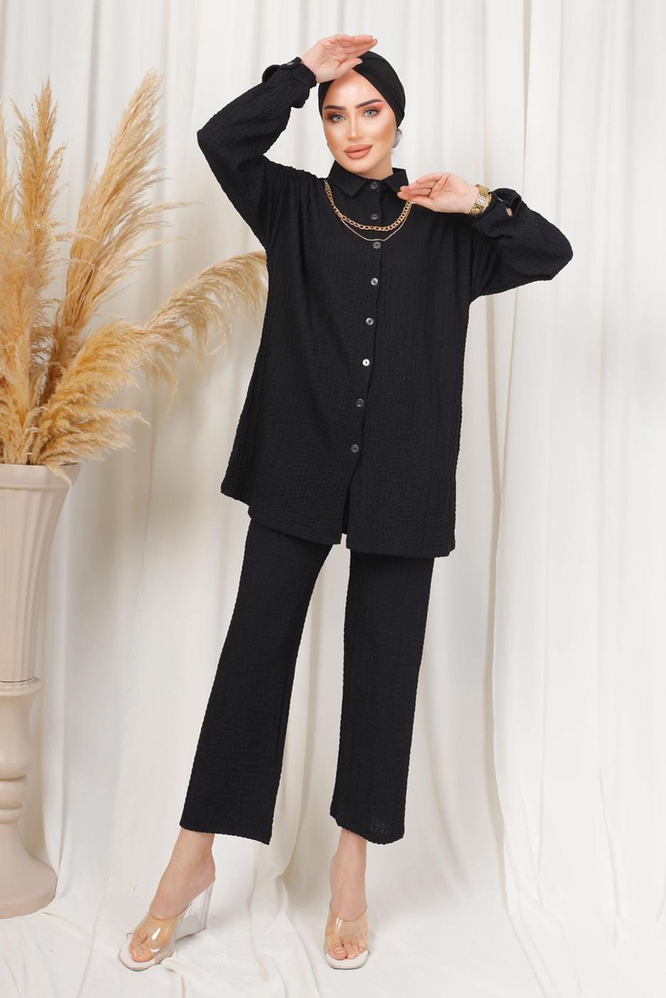 Tesettür giyim SİYAH KABARTMA DESENLİ ZİNCİRLİ PANTOLONLU TAKIM T 3603