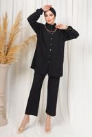 Tesettür giyim SİYAH KABARTMA DESENLİ ZİNCİRLİ PANTOLONLU TAKIM T 3603