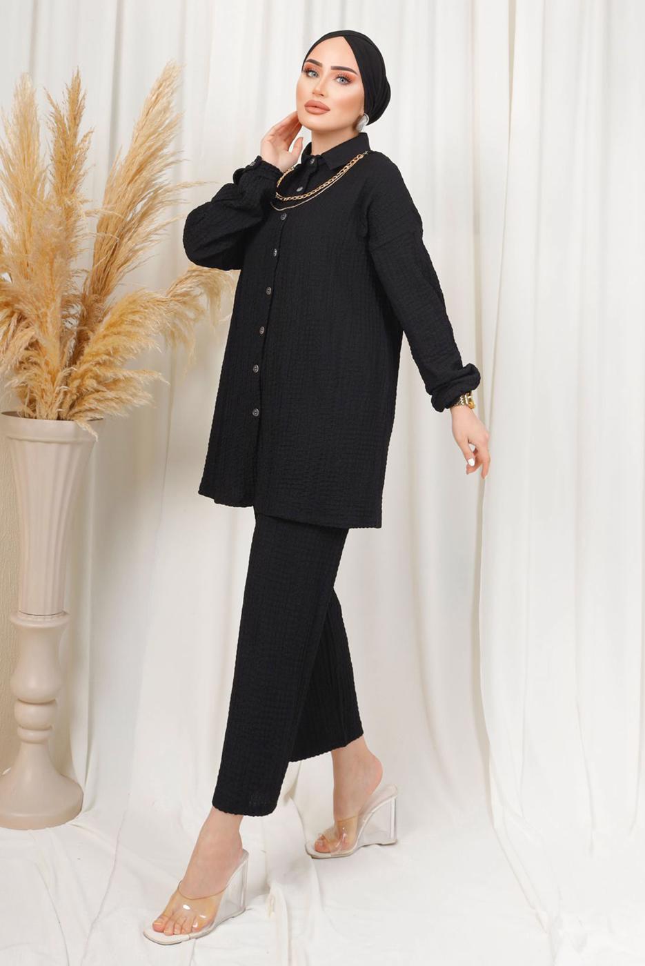 Tesettür giyim SİYAH KABARTMA DESENLİ ZİNCİRLİ PANTOLONLU TAKIM T 3603