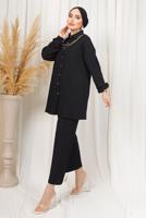 Tesettür giyim SİYAH KABARTMA DESENLİ ZİNCİRLİ PANTOLONLU TAKIM T 3603