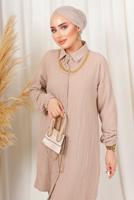 Tesettür giyim BEJ KABARTMA DESENLİ ZİNCİRLİ PANTOLONLU TAKIM T 3603