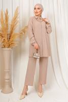 Tesettür giyim BEJ KABARTMA DESENLİ ZİNCİRLİ PANTOLONLU TAKIM T 3603