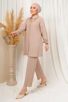 Tesettür giyim BEJ KABARTMA DESENLİ ZİNCİRLİ PANTOLONLU TAKIM T 3603