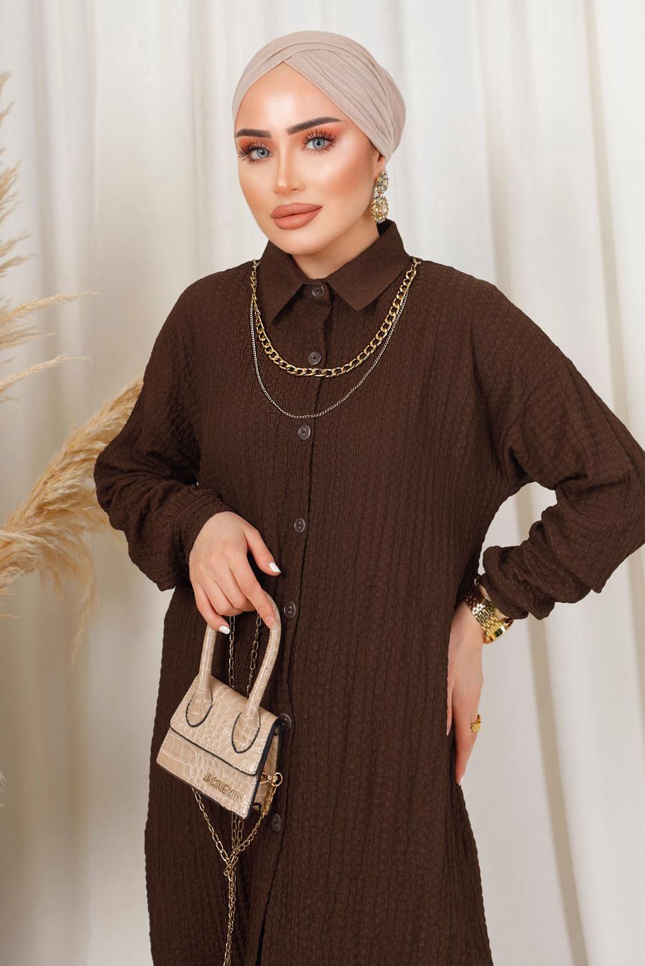 Tesettür giyim KAHVE KABARTMA DESENLİ ZİNCİRLİ PANTOLONLU TAKIM T 3603
