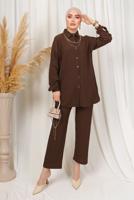 Tesettür giyim KAHVE KABARTMA DESENLİ ZİNCİRLİ PANTOLONLU TAKIM T 3603