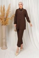 Tesettür giyim KAHVE KABARTMA DESENLİ ZİNCİRLİ PANTOLONLU TAKIM T 3603