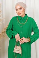 Tesettür giyim YEŞİL KABARTMA DESENLİ ZİNCİRLİ PANTOLONLU TAKIM T 3603