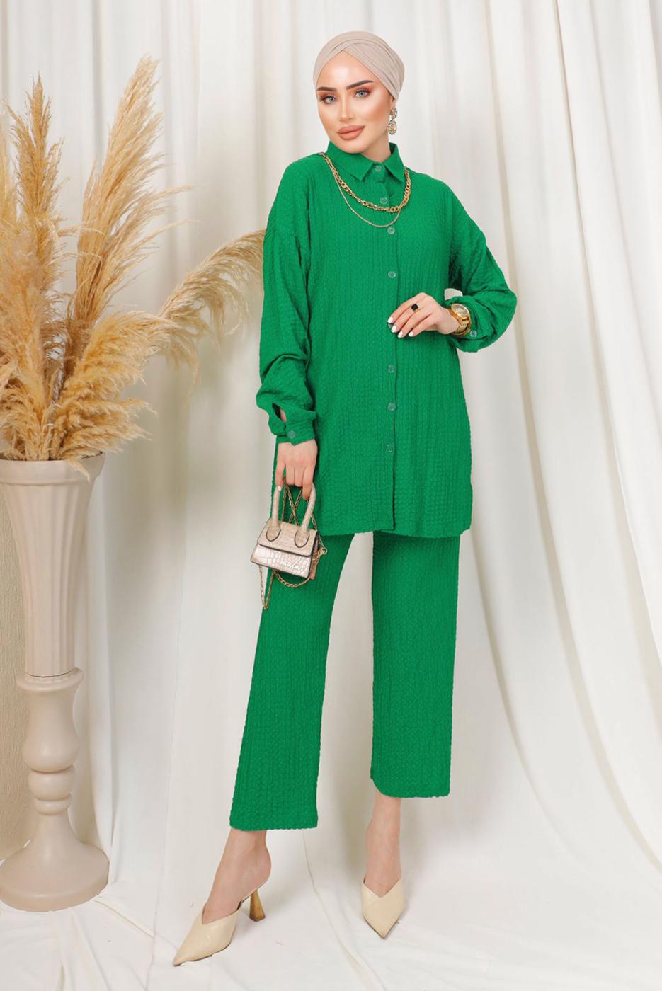 Tesettür giyim YEŞİL KABARTMA DESENLİ ZİNCİRLİ PANTOLONLU TAKIM T 3603