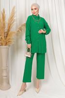 Tesettür giyim YEŞİL KABARTMA DESENLİ ZİNCİRLİ PANTOLONLU TAKIM T 3603