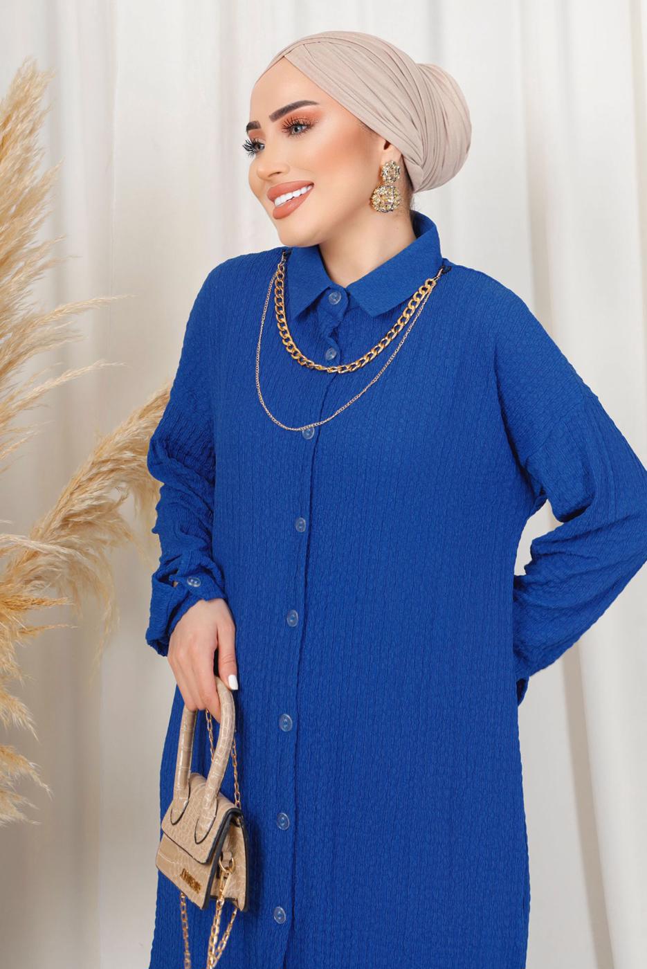 Tesettür giyim LACİVERT KABARTMA DESENLİ ZİNCİRLİ PANTOLONLU TAKIM T 3603