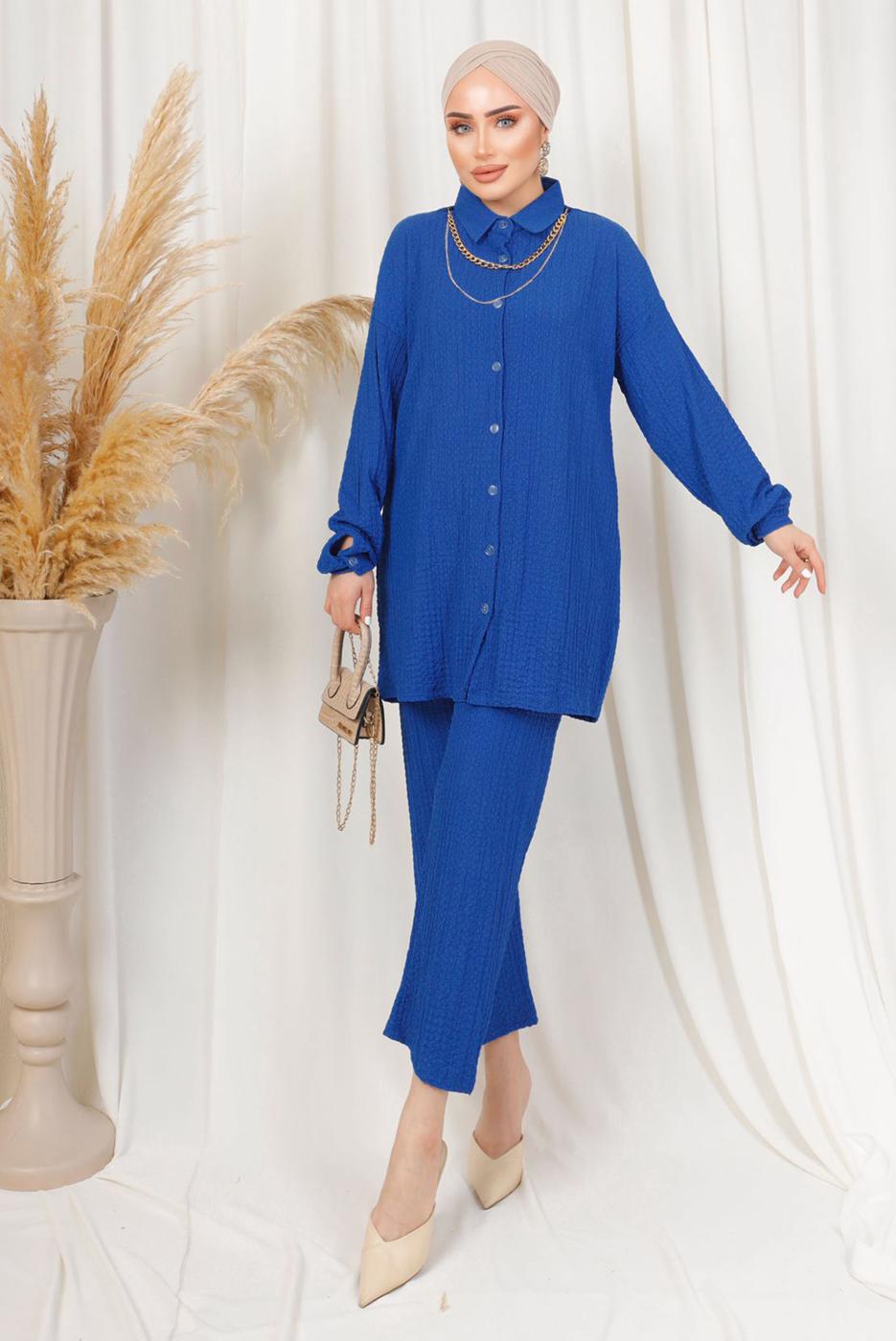 Tesettür giyim LACİVERT KABARTMA DESENLİ ZİNCİRLİ PANTOLONLU TAKIM T 3603