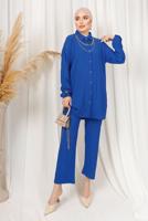 Tesettür giyim LACİVERT KABARTMA DESENLİ ZİNCİRLİ PANTOLONLU TAKIM T 3603