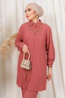 Tesettür giyim PEMBE KABARTMA DESENLİ ZİNCİRLİ PANTOLONLU TAKIM T 3603