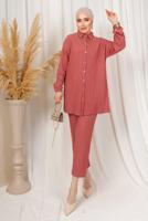 Tesettür giyim PEMBE KABARTMA DESENLİ ZİNCİRLİ PANTOLONLU TAKIM T 3603