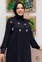 Tesettür giyim SİYAH TAŞ DETAYLI DÜĞMELİ İKİLİ PANTOLONLU TAKIM T 4048