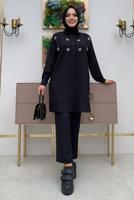 Tesettür giyim SİYAH TAŞ DETAYLI DÜĞMELİ İKİLİ PANTOLONLU TAKIM T 4048