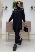 Tesettür giyim SİYAH TAŞ DETAYLI DÜĞMELİ İKİLİ PANTOLONLU TAKIM T 4048