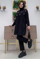 Tesettür giyim SİYAH TAŞ DETAYLI DÜĞMELİ İKİLİ PANTOLONLU TAKIM T 4048