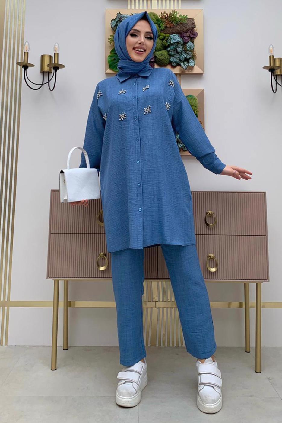 Tesettür giyim MAVİ TAŞ DETAYLI DÜĞMELİ İKİLİ PANTOLONLU TAKIM T 4048