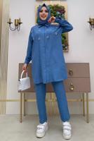 Tesettür giyim MAVİ TAŞ DETAYLI DÜĞMELİ İKİLİ PANTOLONLU TAKIM T 4048