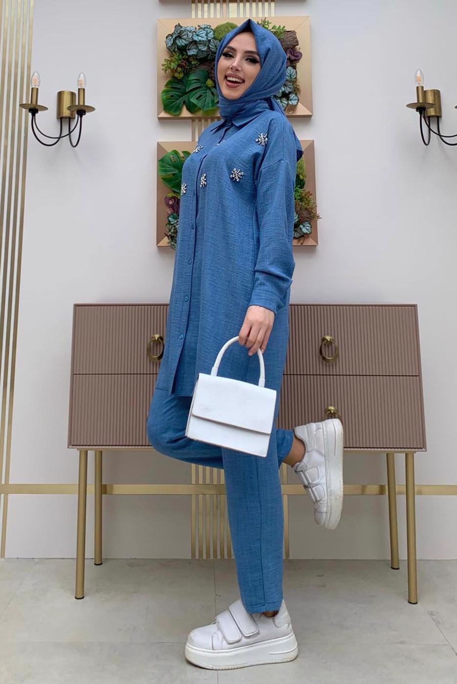 Tesettür giyim MAVİ TAŞ DETAYLI DÜĞMELİ İKİLİ PANTOLONLU TAKIM T 4048