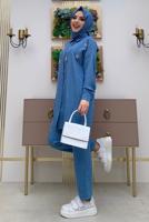 Tesettür giyim MAVİ TAŞ DETAYLI DÜĞMELİ İKİLİ PANTOLONLU TAKIM T 4048