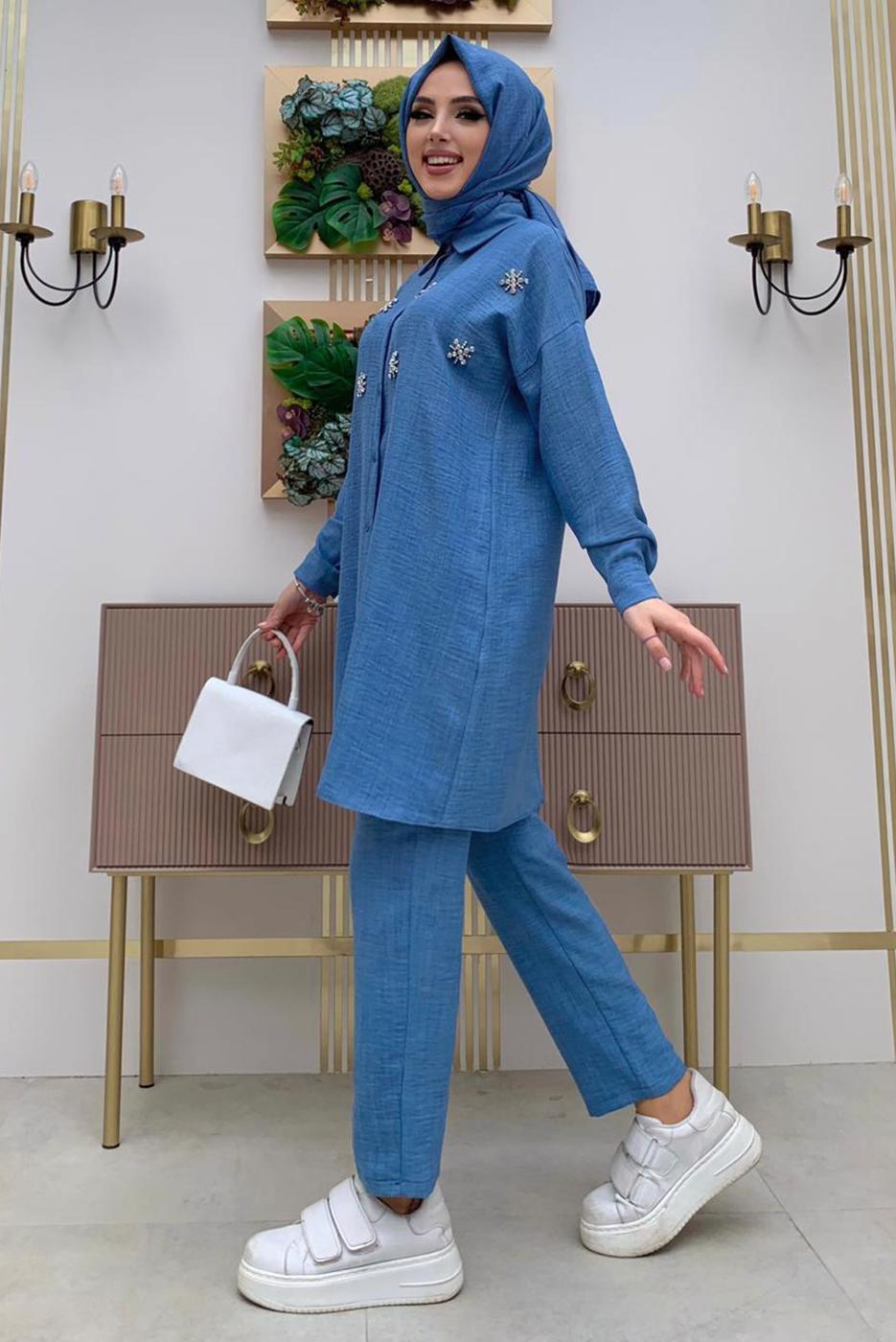 Tesettür giyim MAVİ TAŞ DETAYLI DÜĞMELİ İKİLİ PANTOLONLU TAKIM T 4048