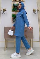 Tesettür giyim MAVİ TAŞ DETAYLI DÜĞMELİ İKİLİ PANTOLONLU TAKIM T 4048