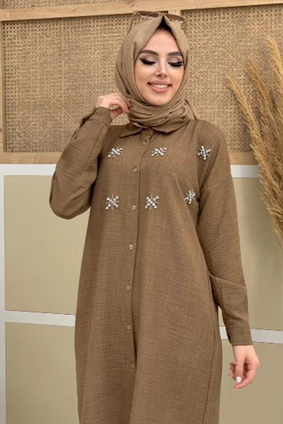 Tesettür giyim KAHVE TAŞ DETAYLI DÜĞMELİ İKİLİ PANTOLONLU TAKIM T 4048