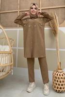 Tesettür giyim KAHVE TAŞ DETAYLI DÜĞMELİ İKİLİ PANTOLONLU TAKIM T 4048