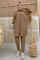 Tesettür giyim KAHVE TAŞ DETAYLI DÜĞMELİ İKİLİ PANTOLONLU TAKIM T 4048